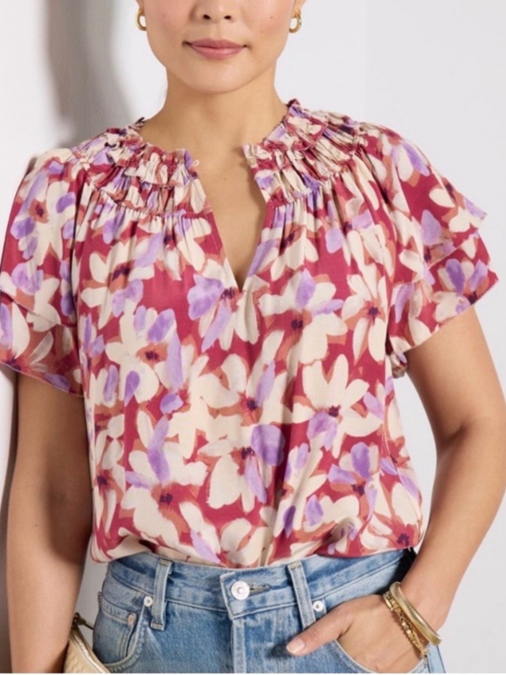 Rails Kamila Floral Blouse Split V-Neck Flutter Sleeves Top Amaranth Colorway XS